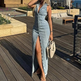 Denim Collar Buttoned Midi Dress